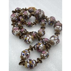 Vintage Venetian Glass Murano Pink White Gold Wedding Cake Bead Necklace, 26”